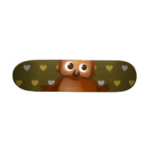 Cute Owl on Brown Heart Pattern Background Skate Board