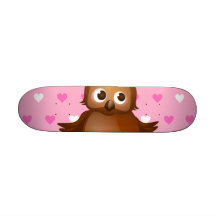 Cute Owl on Pink Heart Pattern Background Skateboard Deck