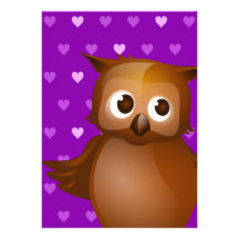 Cute Owl on Purple Heart Pattern Background Custom Announcement