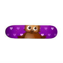 Cute Owl on Purple Heart Pattern Background Skate Decks