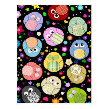 Cute Owls and Flowers pattern - black Postcards