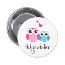 Cute owls big sister little brother cartoon pinback buttons