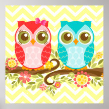Cute Owls - Girl and Boy - Wall Poster