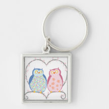 Cute Owls in Love Heart Pink Blue Clipart Keychain