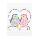 Cute Owls in Love Heart Pink Blue Clipart Post Cards
