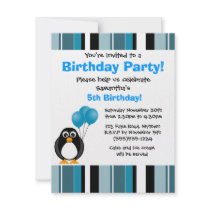 Cute Penguin Birthday Blue Stripe Party Invitation