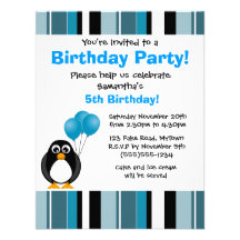 Cute Penguin Birthday Blue Stripe Party Invitation