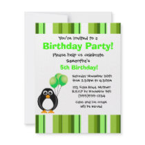Cute Penguin Birthday Green Party Invitation