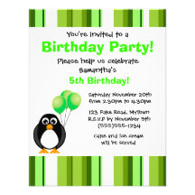 Cute Penguin Birthday Green Party Invitation