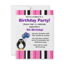 Cute Penguin Birthday Pink Purple Party Invitation