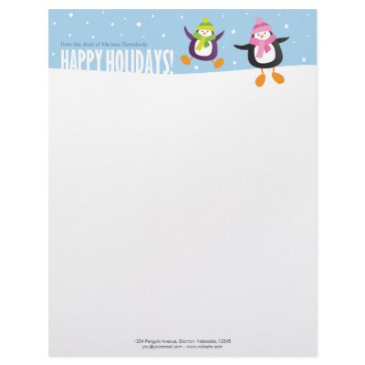 Cute Penguin Happy Holidays Novelty Letterhead by LisaMarieDesign