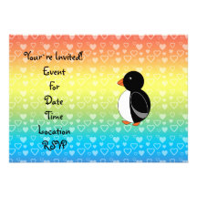 Cute penguin rainbow hearts custom invitation