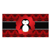 Cute penguin red damask customized photo card