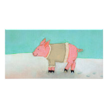 Cute pig art winter snow scene warm sweater customized photo card