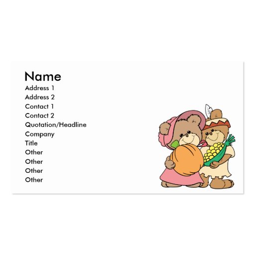 cute pilgrim and indian thanksgiving teddy bears business cards