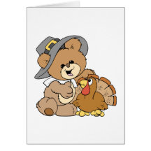 cute pilgrim teddy bear with turkey card