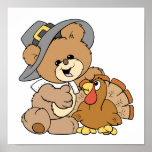 cute pilgrim teddy bear with turkey posters