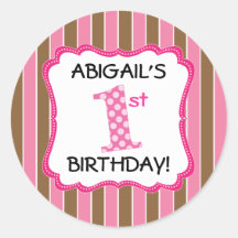 Cute Pink/Brown Girls First Birthday Round Sticker