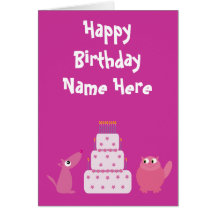 Cute Pink Cartoon Pets Birthday Animal Charity Cards