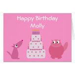 Cute Pink Cartoon Pets & Birthday Cake Card