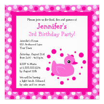 Cute Pink Ducky with Polka Dots Birthday Invite