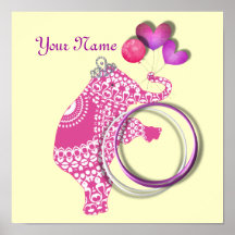 Cute Pink Elephant Personalised Baby Nursery Decor Print