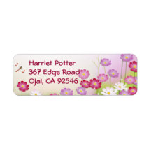 Cute Pink Flowers, Dragonflies Labels