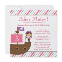 Cute pink girl's pirate birthday party invitation