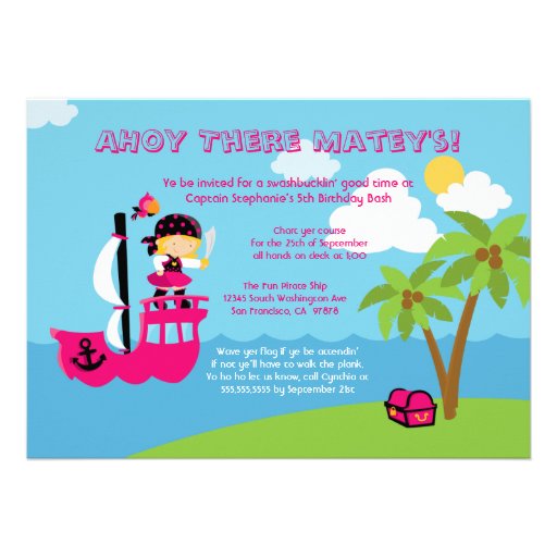 Cute pink girl's pirate birthday party invitation