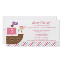 Cute pink girl's pirate birthday party invitation photo card template