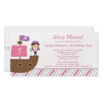 Cute pink girl's pirate birthday party invitation photo cards