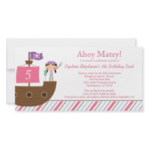 Cute pink girl's pirate birthday party invitation customized photo card