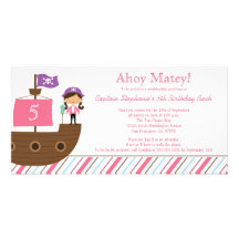 Cute pink girl's pirate birthday party invitation photo cards
