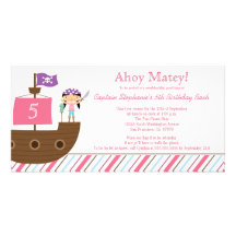 Cute pink girl's pirate birthday party invitation customized photo card