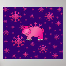 Cute pink hippo purple pink snowflakes poster