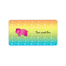 Cute pink hippo rainbow hearts address label