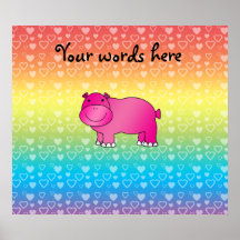 Cute pink hippo rainbow hearts poster