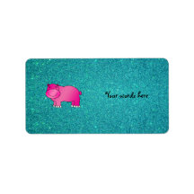 Cute pink hippo turquoise glitter custom address label