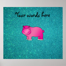 Cute pink hippo turquoise glitter poster