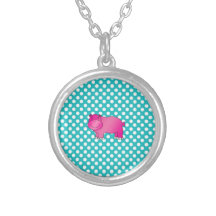 Cute pink hippo turquoise polka dots personalized necklace