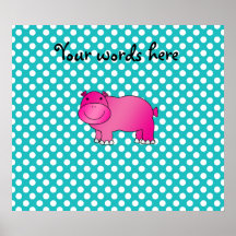 Cute pink hippo turquoise polka dots poster