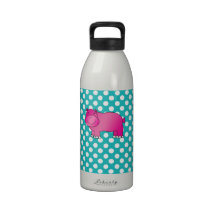 Cute pink hippo turquoise polka dots reusable water bottle