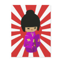 Cute Pink  Kokeshi Doll on rising sun Postcard