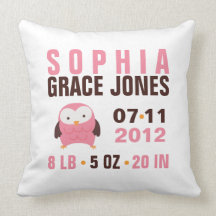 Cute Pink Owl Birth Announcement Throw Pillows