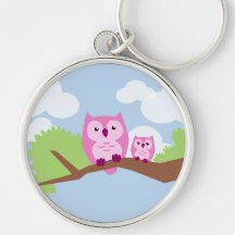 Cute Pink Owl Mom and Baby Key Chains