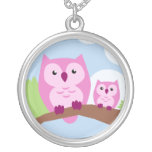 Cute Pink Owl Mother and Child Necklace