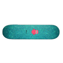 Cute pink owl turquoise glitter skate board deck