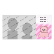 Cute Pink Persian Cat. Pink Striped Background. Customized Photo Card