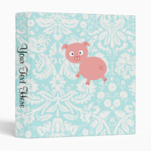 Cute Pink Pig; Teal Damask 3 Ring Binder