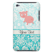Cute Pink Pig; Teal Damask Barely There iPod Cases